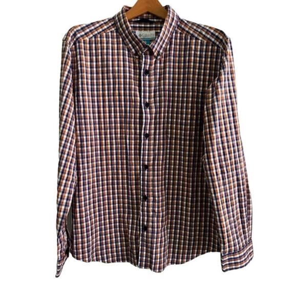 Columbia Men's Long Sleeve Orange Blue White Plaid Button Down- Size L - Picture 1 of 5